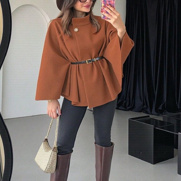 Brown Elegant Womens Stand Collar Loose Poncho Cloak Jacket - Picture 3 of 5